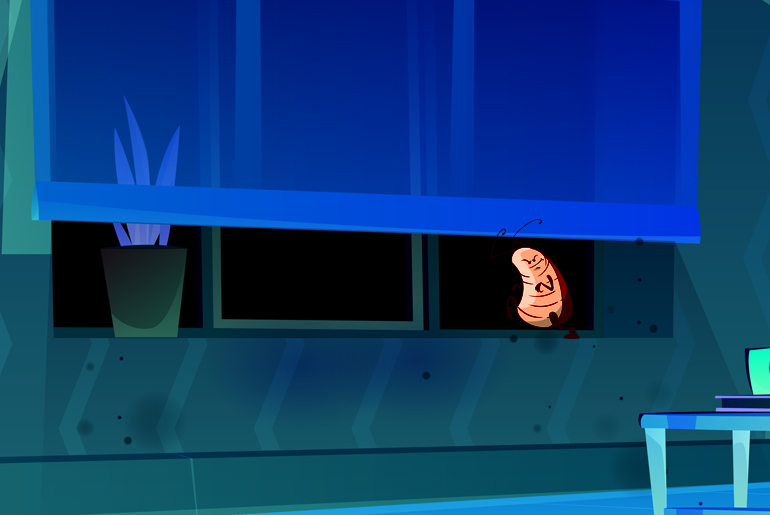  ilustrație de desene animate a unui gândac mic care se strecoară în fereastra deschisă a unei case în timpul nopții.