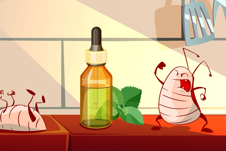 Cartoon illustration of an angry cockroach, shaking its fist at a bottle of essential oil.