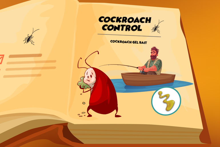Cartoon illustration of an open book, turned to a page about cockroach gel bait