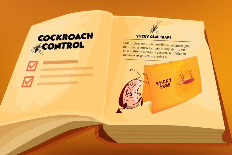 Cartoon illustration of an open book, turned to a page that discusses cockroach glue traps.