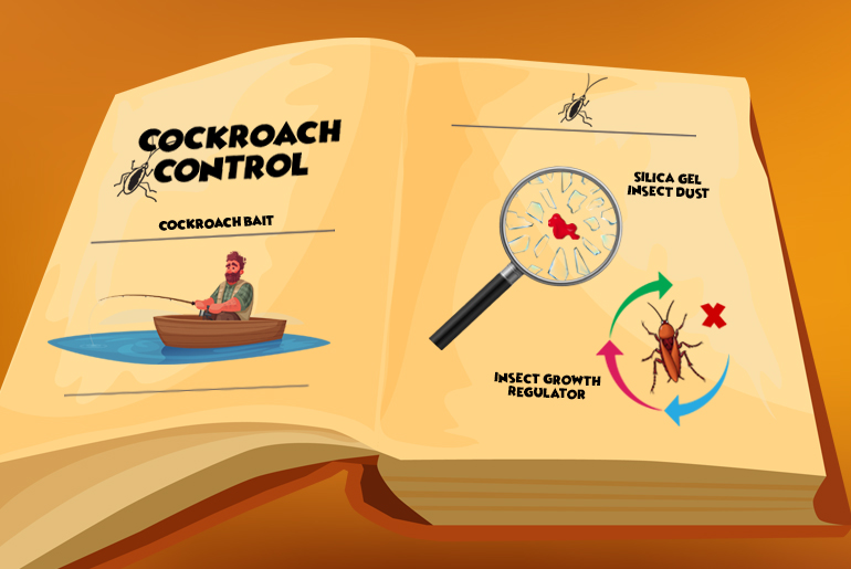 Cartoon illustration of an open book, turned to a page that discusses three important roach control products- bait, dust, and IGR