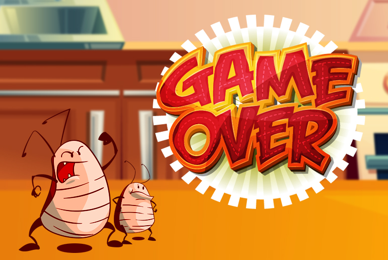 Cartoon illustration of two defeated cockroaches beside a sign that says Game Over.