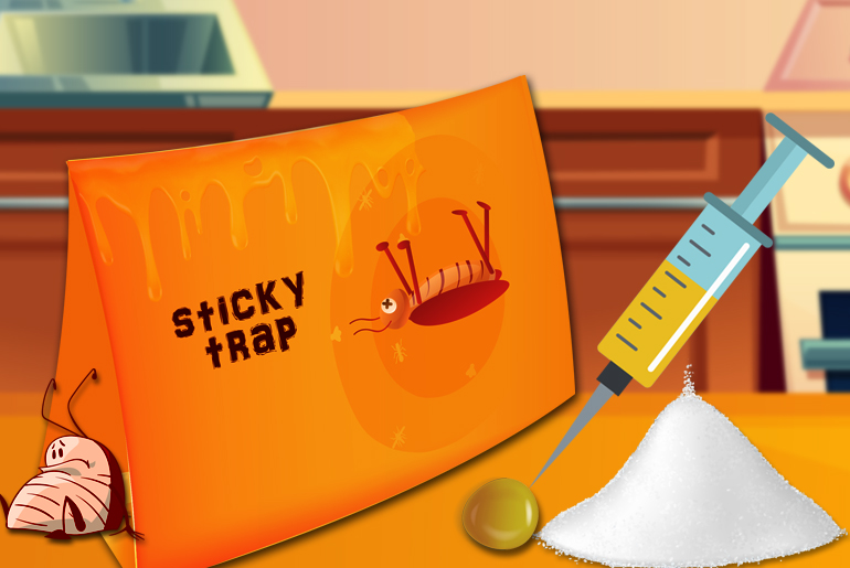 Cartoon illustration of several roach treatment tools-sticky traps, gel bait, and insect dust