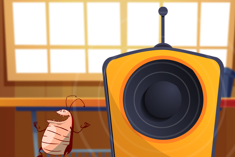Cartoon illustration of a cockroach laughing at an ultrasonic roach repeller