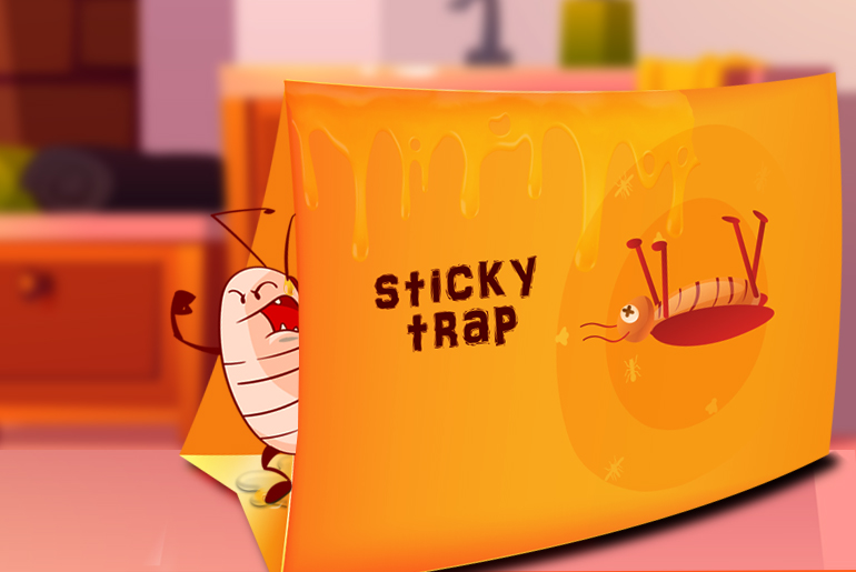 Cartoon illustration of an angry cockroach caught inside a sticky trap